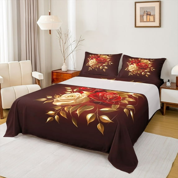 Feelyou Red Gold Rose Bed Sheets, Romantic Fashion Floral King Sheets, Romantic Anniversary Theme Sheet Set, Super Cozy Room Decor, 4 Pieces