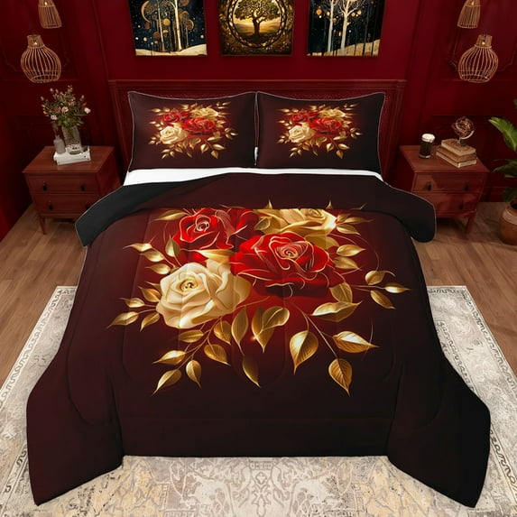 Feelyou Red Gold Rose Bedding Comforter Set, Romantic Fashion Floral Twin Comforter Sets, Romantic Anniversary Theme Reversible Bedding Set, Super Cozy Room Decor, 2 Pieces