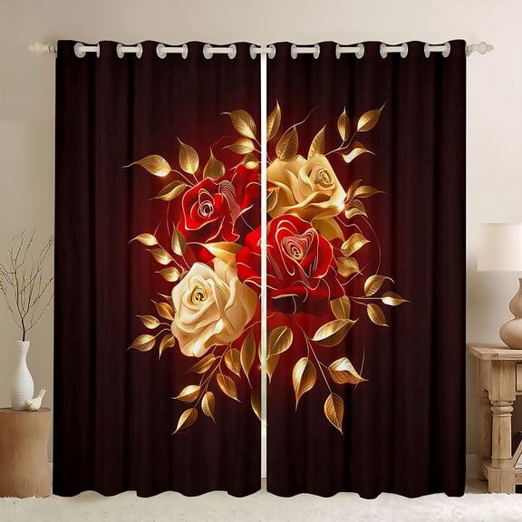 Feelyou Red Gold Rose Black Out Curtains, Romantic Fashion Floral Curtains Pack of 2 (42x63 Each), Romantic Anniversary Theme Bedroom Curtains, Blackout Curtains Room Decor
