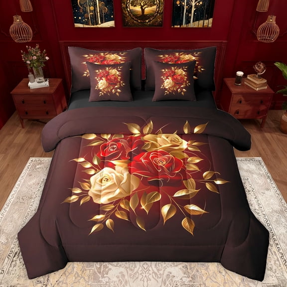 Feelyou Red Gold Rose Twin Bedding Sets 7-Piece, Romantic Fashion Floral Bedding Comforter Set, Romantic Anniversary Theme Reversible Sheet Sets, Super Cozy Room Decor