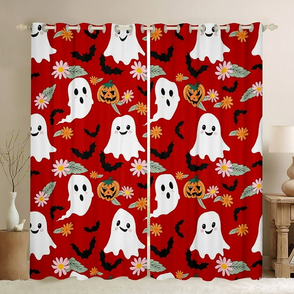 Feelyou Red Gothic Haloween Black Out Curtains, Kawaii Cartoon Ghost Pumpkin Curtains Pack of 2 (42x63 Each), Groovy Daisy Flower Bedroom Curtains, Blackout Curtains Home Decor