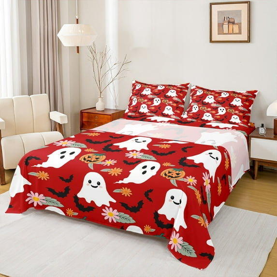 Feelyou Red Gothic Haloween Twin Sheet Sets, Kawaii Cartoon Ghost Pumpkin Twin Fitted Sheet, Groovy Daisy Flower Flat Sheet, Breathable Home Decor, 3-Piece