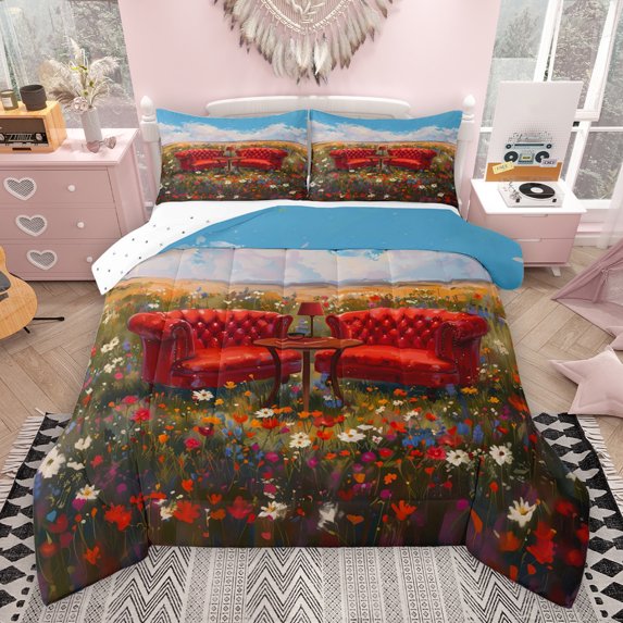Feelyou Red Groovy Floral Bedding Comforter Set, Farmhouse Flower Botanical Twin Comforter Sets, Vintage Oil Printing Reversible Bedding Set, Microfiber Bedroom Decor, 2 Pieces