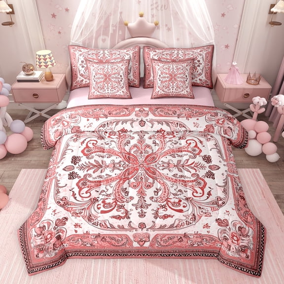 Feelyou Red Hippie Damask Twin Bedding Sets 7-Piece for Women, Retro Boho Paisley Bedding Comforter Set, Southwestern Fashion Reversible Sheet Sets, Luxury Bedroom Decor