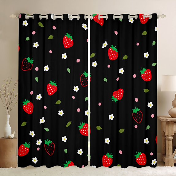 Feelyou Red Kawaii Strawberry Blackout Curtains Set of 2 (52x84 Each) for Kids, Rustic Flower Floral Window Curtains, Cute Fruit Curtains and Drapes, Curtains and Drapes Home Decor