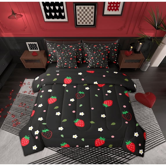 Feelyou Red Kawaii Strawberry Twin Bedding Sets 7-Piece for Kids, Rustic Flower Floral Bedding Comforter Set, Cute Fruit Reversible Sheet Sets, Ultra Soft Home Decor