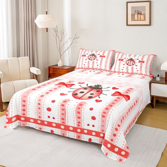 Feelyou Red Ladybug Teens Queen Sheet Sets, Cartoon Polkadot Ribbon Bed Set, 4-Piece