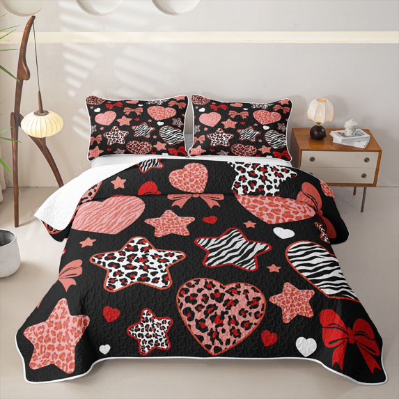 Feelyou Red Leopard Bow Print Twin Quilt Set, Cute Fashion Love Heart Twin Coverlet Set, 2 Pieces, 1 Comforter and 1 Pillowcase