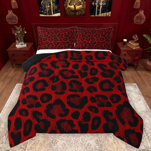 Feelyou Red Leopard Print Full Size Comforter Sets, Rustic Cheetah Wildlife Bedding Comforter Set, Chic Polkadots Abstract Reversible Bedding Sets, Microfiber Bedroom Decor, 3 Pieces