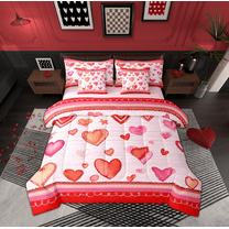 Feelyou Red Love Heart Twin Bedding Sets 7-Piece, Cartoon Watercolor Art Bedding Comforter Set, Romantic Valentines Day Reversible Sheet Sets, Luxury Bedroom Decor