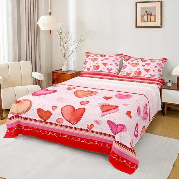 Feelyou Red Love Heart Twin Sheet Sets, Cartoon Watercolor Art Twin Fitted Sheet, Romantic Valentines Day Flat Sheet, Luxury Bedroom Decor, 3pcs