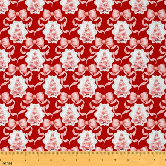 Feelyou Red Merry Christmas Fabric by the Yard 1 Yard, Cartoon Bow Xmas Tree Room Decor Fabric by the Yard, Kids Teens Boys Girls Fabric for Sewing, Breathable Home Decor
