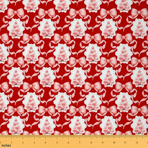 Feelyou Red Merry Christmas Fabric by the Yard 1 Yard, Cartoon Bow Xmas Tree Room Decor Fabric by the Yard, Kids Teens Boys Girls Fabric for Sewing, Breathable Home Decor