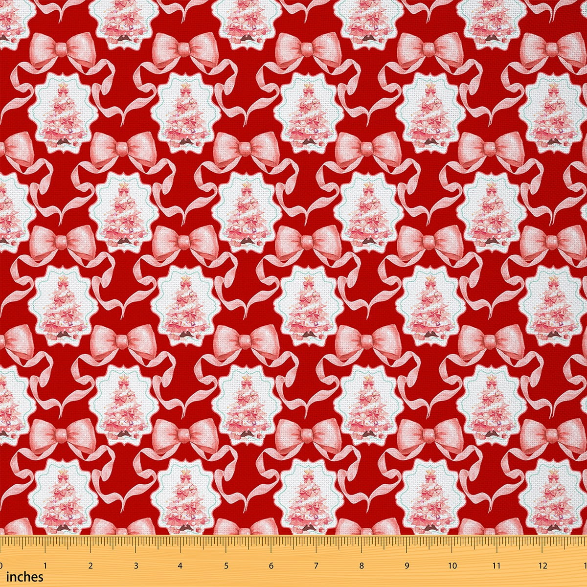 Feelyou Red Merry Christmas Fabric by the Yard 2 Yards, Cartoon Bow Xmas Tree Sewing Fabric, Kids Teens Boys Girls Home Decor Fabric by the Yard, Breathable Home Decor