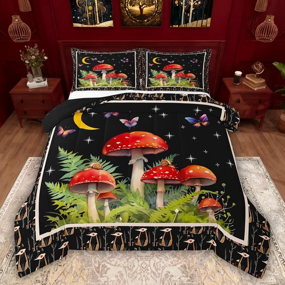 Feelyou Red Mushroom Full Size Comforter Sets, Butterfly Galaxy Stars Bedding Sets, 3pcs