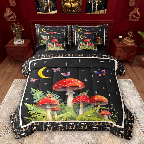 Feelyou Red Mushroom Plant Comforter Set 7pcs, Butterfly Galaxy Stars Queen Bedding Sets