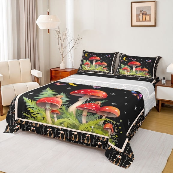 Feelyou Red Mushroom Plant Twin Sheet Sets, Butterfly Galaxy Stars Bedding, 3-Piece