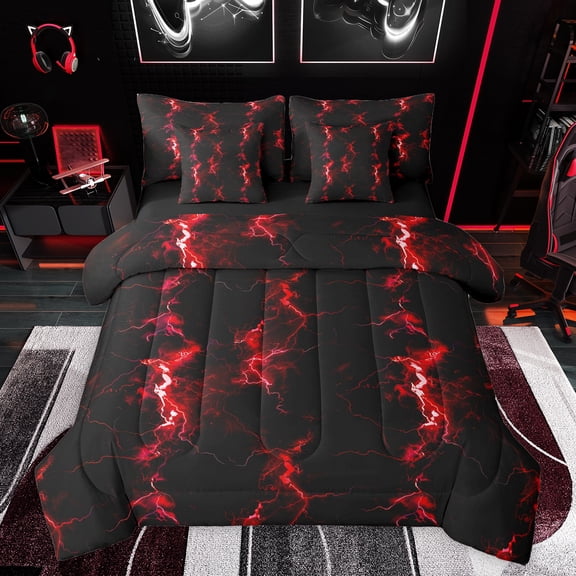 Feelyou Red Nature Lightning Twin Bedding Sets 7-Piece, Chic Stripe Abstract Ombre Bedding Comforter Set, Teens Kids Girls Boys Reversible Sheet Sets, Microfiber Bedroom Decor
