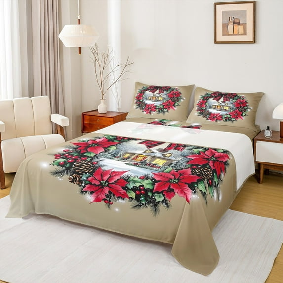 Feelyou Red Poinsettia Flower Twin Sheet Sets, Winter Christmas Cabin Twin Fitted Sheet, Teens Boys Girls Flat Sheet, Luxury Bedroom Decor, 3pcs