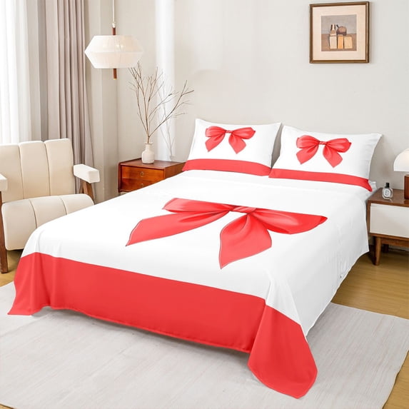 Feelyou Red Princess Bowknot Bed Sheets, Kawaii Dreamy Bow-tie King Sheets, Fairy Tale Style Sheet Set, Ultra Soft Bedroom Decor, 4pcs