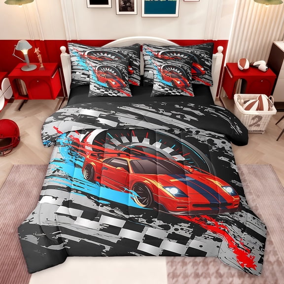Feelyou Red Racing Car Bedding Comforter Set 7pcs for Kids, Automobile Checkered Flag King Bedding Sets, Extreme Sports Reversible Bed Sheets, Luxury Bedroom Decor