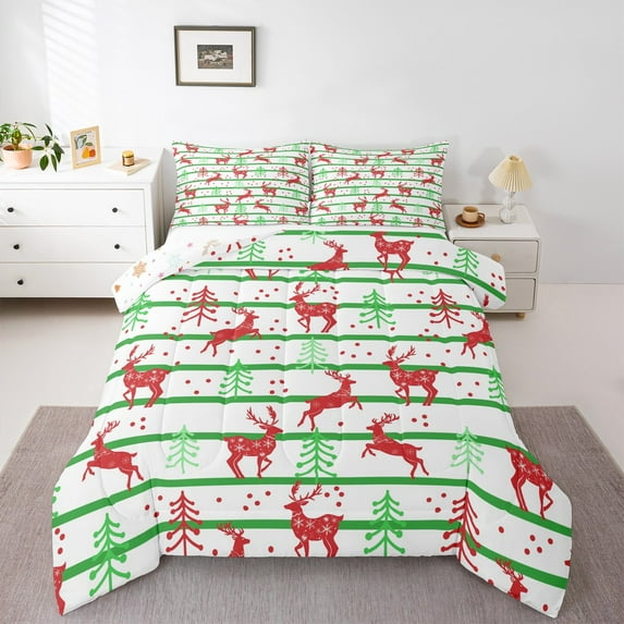 Feelyou Red Reindeer Print Bedding Comforter Set for Kids, Green Christmas Tree Twin Comforter Sets, Stripes Geometric Reversible Bedding Set, Super Cozy Room Decor, 2 Pieces