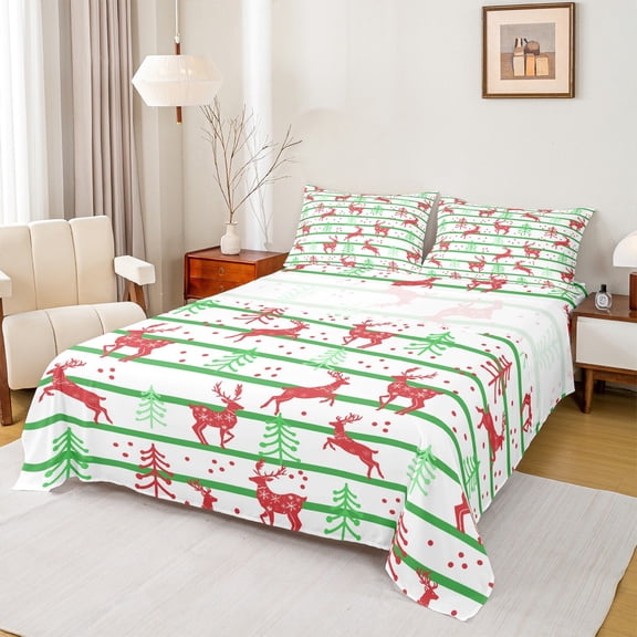 Feelyou Red Reindeer Print Twin Sheet Sets for Kids, Green Christmas Tree Twin Fitted Sheet, Stripes Geometric Flat Sheet, Super Cozy Room Decor, 3 Pieces