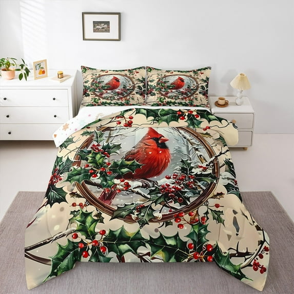 Feelyou Red Robin Bird Queen Comforter Set, Winter Snow Plant Bedding Sets, Merry Christmas Reversible Bedding Comforter Set, Microfiber Bedroom Decor, 3 Pieces