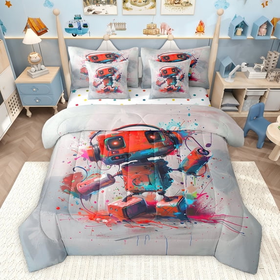Feelyou Red Robot Twin Bedding Sets 7-Piece, Splatter Watercolor Bedding Comforter Set