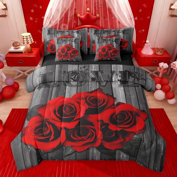 Feelyou Red Rose Flower Bedding Comforter Set 7 Pieces for Couple, Romantic Flower Floral Full Bedding Set, Happy Valentine's Day Reversible Fitted Sheet Flat Sheet, Ultra Soft Bedroom Decor