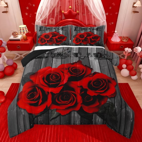Feelyou Red Rose Flower Full Size Comforter Sets for Couple, Romantic Flower Floral Bedding Comforter Set, Happy Valentine's Day Reversible Bedding Sets, Ultra Soft Bedroom Decor, 3-Piece