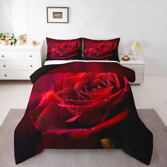 Feelyou Red Rose Flower Queen Comforter Set, Romantic Valentine's Day Bedding Set, 3pcs