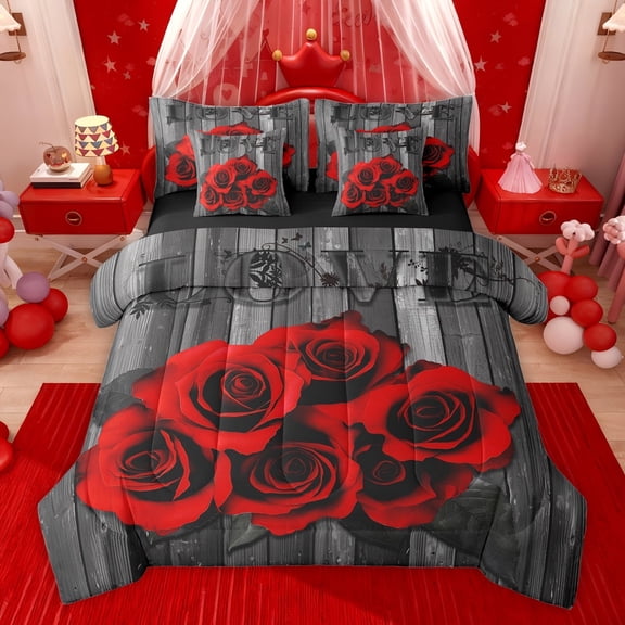 Feelyou Red Rose Flower Twin Bedding Sets 7-Piece for Couple, Romantic Flower Floral Bedding Comforter Set, Happy Valentine's Day Reversible Sheet Sets, Ultra Soft Bedroom Decor