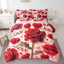 Feelyou Red Rose Flower Twin Bedding Sets 7pcs, Romantic Love Heart Bedding Comforter Set