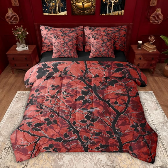 Feelyou Red Rustic Leaves Bedding Comforter Set 7pcs, Branches Botabical Queen Bedding Sets, Teens Adult Women Men Reversible Queen Sheet Sets, Microfiber Bedroom Decor