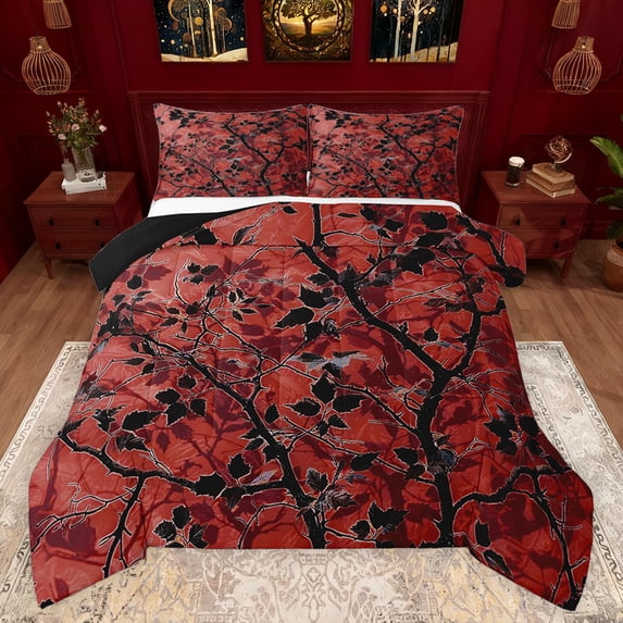 Feelyou Red Rustic Leaves Queen Comforter Set, Branches Botabical Bedding Sets, Teens Adult Women Men Reversible Bedding Comforter Set, Microfiber Bedroom Decor, 3pcs