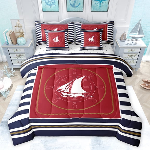 Feelyou Red Sailboat Rudder Bedding Comforter Set 7pcs, Ocean Nautical King Bedding Sets, Fashion Stripes Abstract Bed Sheets, Ultra Soft Bedroom Decor