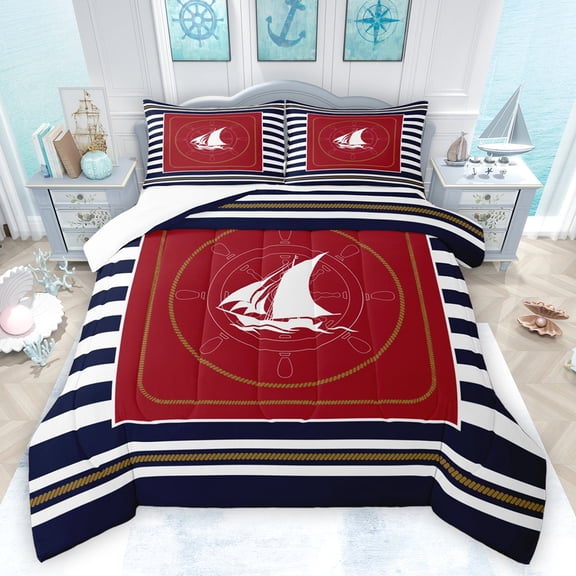 Feelyou Red Sailboat Rudder Queen Comforter Set, Ocean Nautical Bedding Sets, Fashion Stripes Abstract Bedding Comforter Set, Ultra Soft Bedroom Decor, 3 Pieces