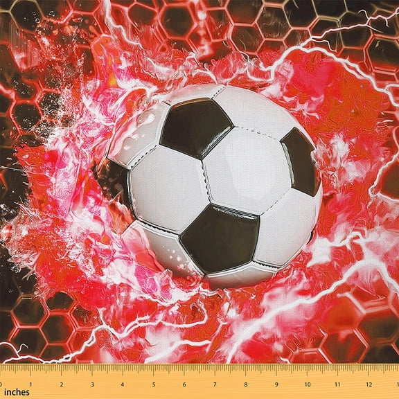 Feelyou Red Soccer Boy Fabric by the Yard 2 Yards, Modern Ball Sport Lover Home Decor Fabric by the Yard, Chic Neon Honeycomb Sewing Fabric, Ultra Soft Home Decor