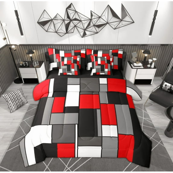 Feelyou Red Square Geometric Bedding Comforter Set 7-Piece, Vintage Artwork Abstract King Bedding Sets, Chic Rectangle Reversible Bed Sheets, Microfiber Bedroom Decor