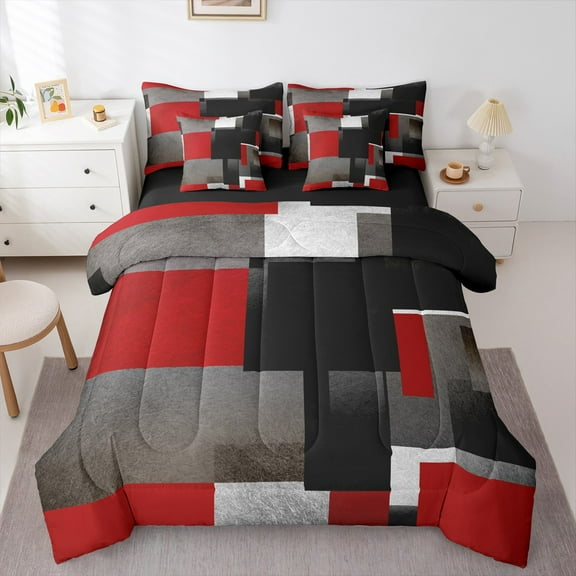 Feelyou Red Square Geometric Bedding Comforter Set 7pcs, Vintage Artwork Abstract Queen Bedding Sets, Chic Rectangle Reversible Queen Sheet Sets, Lightweight Room Decor