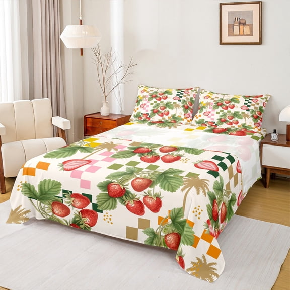 Feelyou Red Strawberry Teens Bed Sheets, Retro Buffalo Plaid King Sheets, Kawaii Cartoon Fruit Sheet Set, Microfiber Bedroom Decor, 4pcs