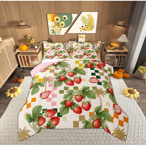 Feelyou Red Strawberry Teens Full Size Comforter Sets, Retro Buffalo Plaid Bedding Comforter Set, Kawaii Cartoon Fruit Reversible Bedding Sets, Microfiber Bedroom Decor, 3pcs