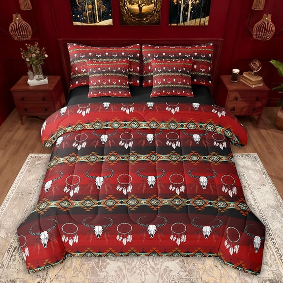 Feelyou Red Triangle Aztec Bedding Comforter Set 7pcs, Mystic Dream Catcher King Bedding Sets, Western Sheep Skull Reversible Bed Sheets, Super Cozy Room Decor