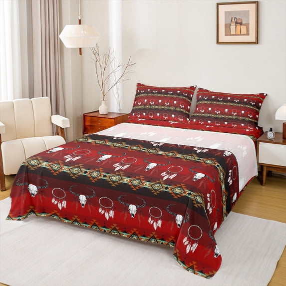 Feelyou Red Triangle Aztec Twin Sheet Sets, Mystic Dream Catcher Twin Fitted Sheet, Western Sheep Skull Flat Sheet, Super Cozy Room Decor, 3 Pieces