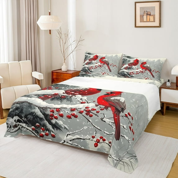 Feelyou Red Winter Robin Twin Sheet Sets, Kawaii Christmas Bird Twin Fitted Sheet, Teens Kids Boys Girls Flat Sheet, Luxury Bedroom Decor, 3-Piece