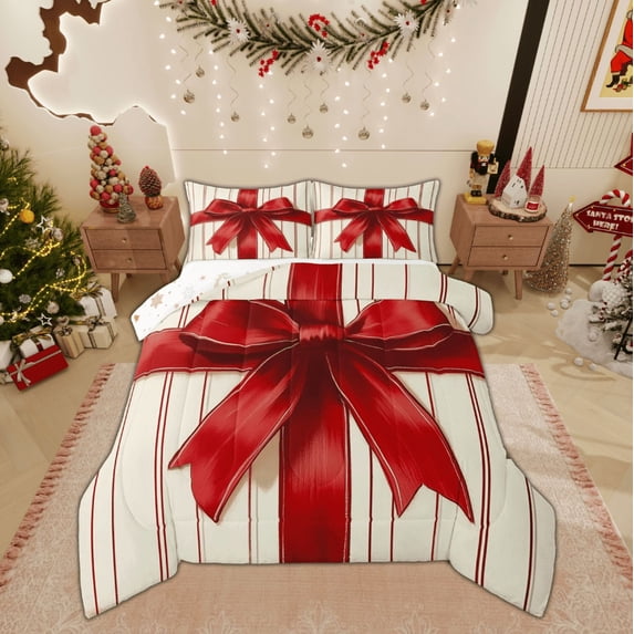 Feelyou Red Xmas Bowknot Full Size Comforter Sets, Christmas Gifts Bedding Comforter Set, Geometric Stripes Reversible Bedding Sets, Breathable Home Decor,3 Pieces