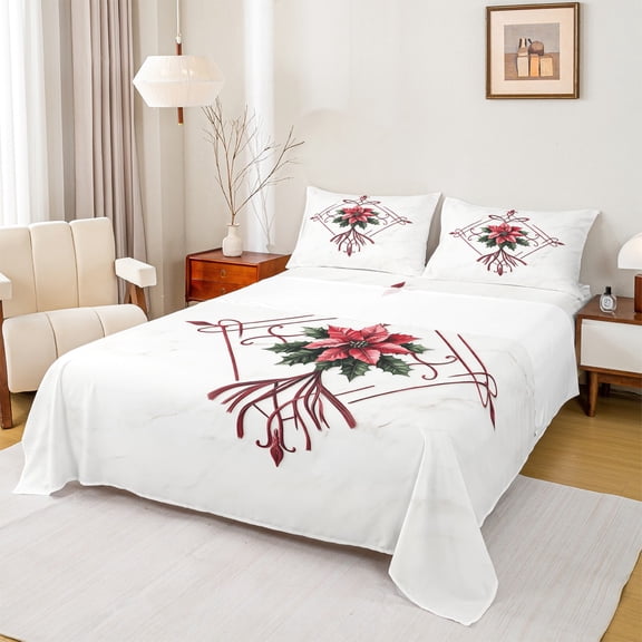 Feelyou Red Xmas Floral Bed Sheets, Poinsettia Flower King Sheets, Modern Fashion Sheet Set, Breathable Home Decor,4 Pieces
