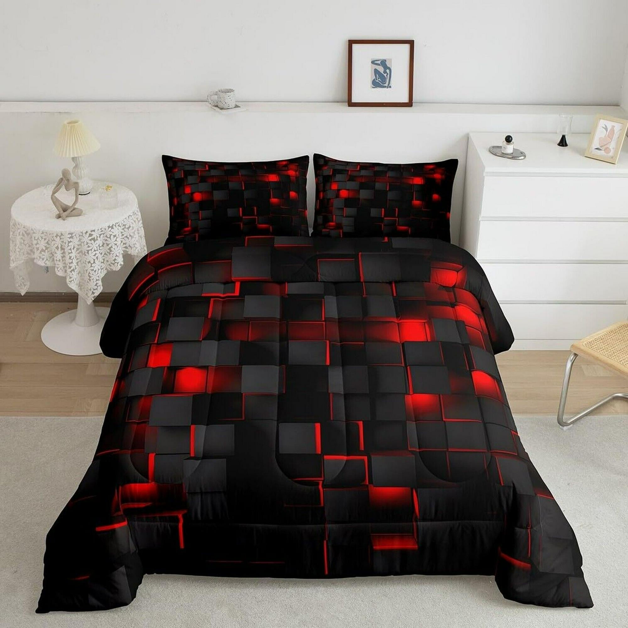 Feelyou Red and Black Bedding Set Queen Size Light Geometric Comforter ...