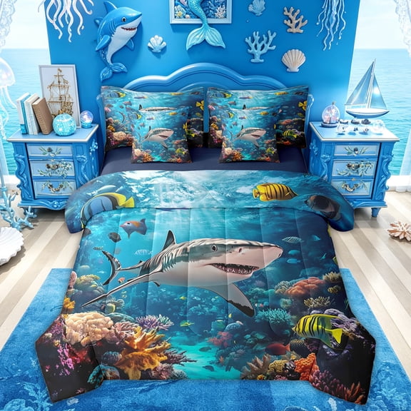 Feelyou Reef Shark Fish Twin Bedding Sets for Kids Boys Girls, Tropical Coastal Coral Animal Bedding Comforter Set, Blue, Blue Reversible, 7 Pieces